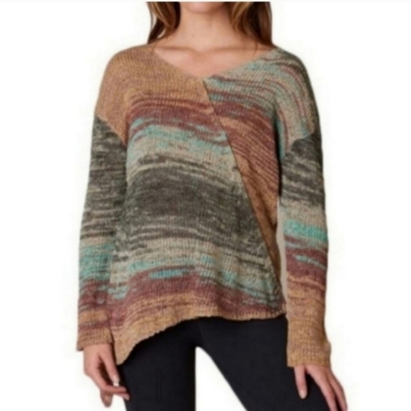 Prana Vignette Multicolored V Neck Wrap Open Knit Asymmetrical Sweater - Picture 2 of 11